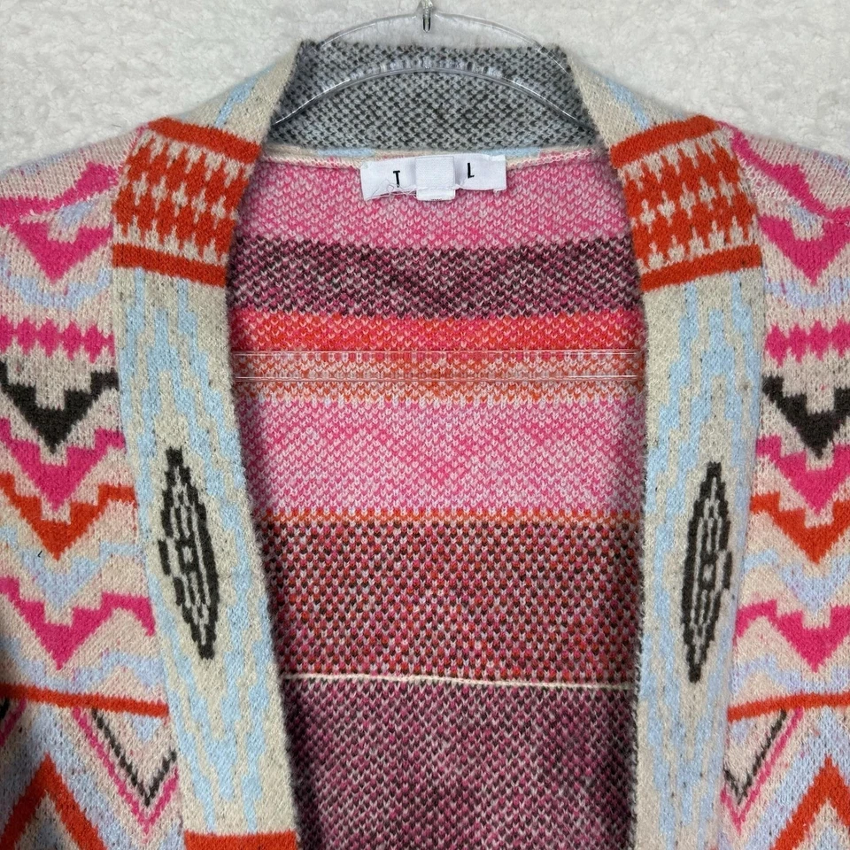 Cardigã THML Suéter Feminino Pequeno Multicolorido Franja Asteca Frente Aberta Malha Boho - Imagem 2 de 4