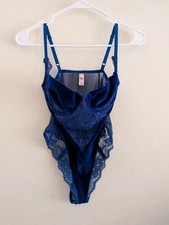 Vtg Victoria Secret Blue Velvet Lace Bodysuit Teddy 36B High Cut One Piece 90s