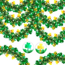 St Patrick's Day Tinsel Garland, 50FT Green Shamrock Tinsel Garland Clover Ti...