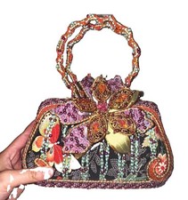 Mary Frances Beaded Floral Top Handle Handbag Purse Multicolor Bow