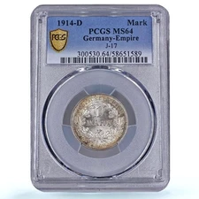 Germany Empire 1 mark Wilhelm II Type 2 J-17 KM-14 MS 64 PCGS silver coin 1914