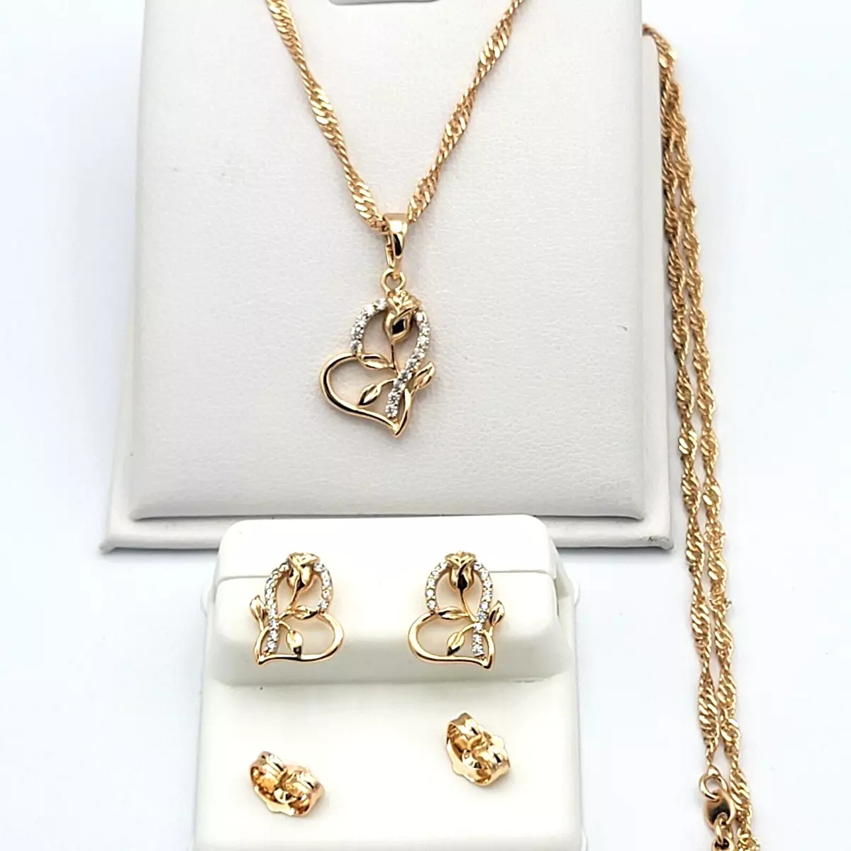 18K Gold Plated Heart Rose Flower Set Pendant * Chain * Earrings