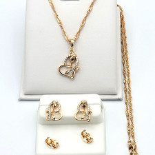 18K Gold Plated Heart Rose Flower Set Pendant  Chain  Earrings. Women Necklace