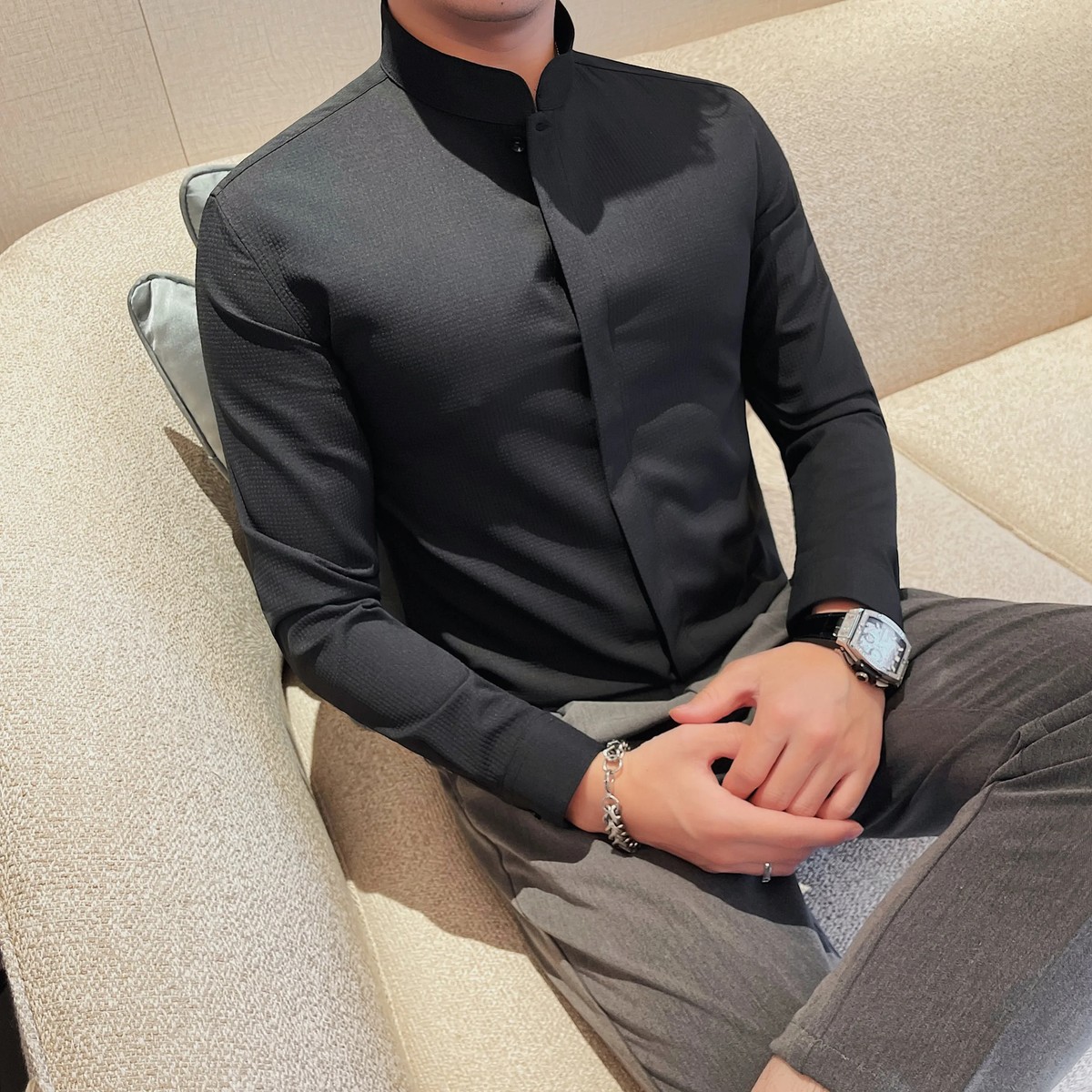 Men Standing Collar Shirt Long Sleeved Hidden Button Elastic Formal Dress  Shirt | eBay
