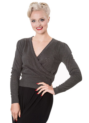 Banned Retro Pullover Basic Instinct Grau Rockabilly Vintage Wickeltop