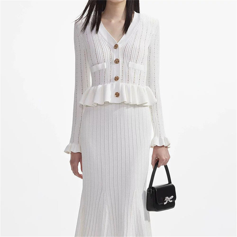 Women's Button V Neck Sweater Dress Ruffle Long Sleeve Knit Bodycon Midi Dresses