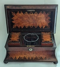 Antique English Tea Caddy Inlaid Wood Glass Bowl 14" Long Fantastic