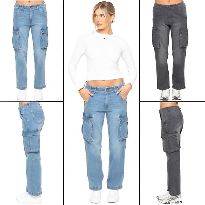 Enzo Damen Gerades Bein Cargo Jeans Mid-Rise Freizeit Baumwolle Hose