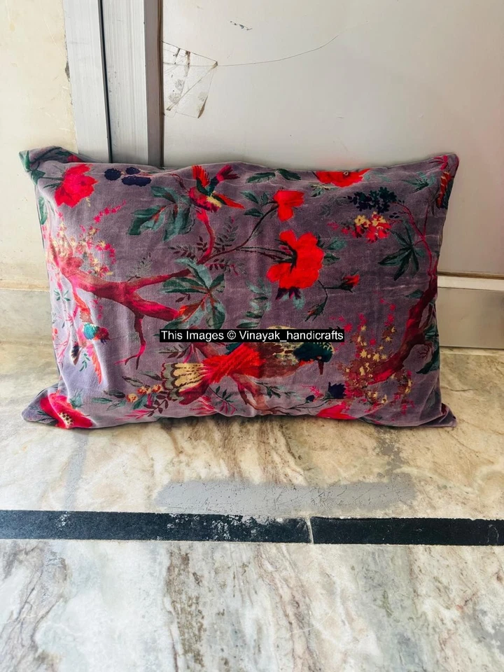 Gray Frida Printed Velvet Cushion Cover Pillow Throw Indian Handmade Cover - Image 3 of 4