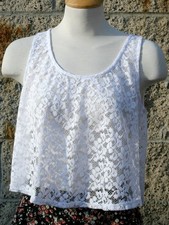 Lace crop top, tulip open back, sleeveless, white, size XS,S,M,L, made in USA
