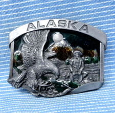 Alaska Belt Buckle Eagle Prospector Mountains Trees Sun Vtg 80s Siskiyou .TYC825
