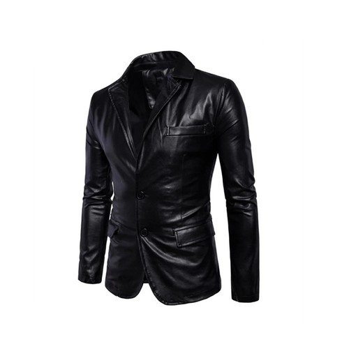 Men’s Genuine Lambskin Leather Blazer – Black Formal Casual Two-Button Coat - Picture 2 of 13