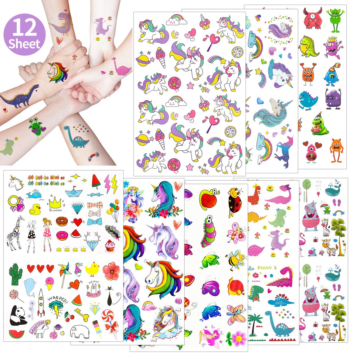 Jusduit Leuchtende Tattoos Für Kinder – 10 Blätter Mit Einhorn, Dino & Meerjungfrau, Wasserfest