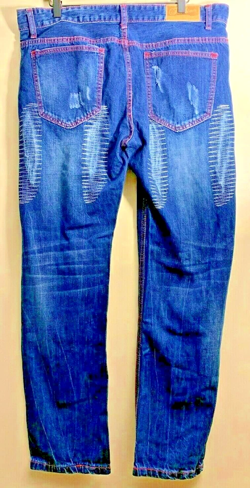 Pantalones de mezclilla para mujer desgastados 36 pulgadas cintura 29 pulgadas entrepierna marca de moda costuras rojas Foto 2 de 4