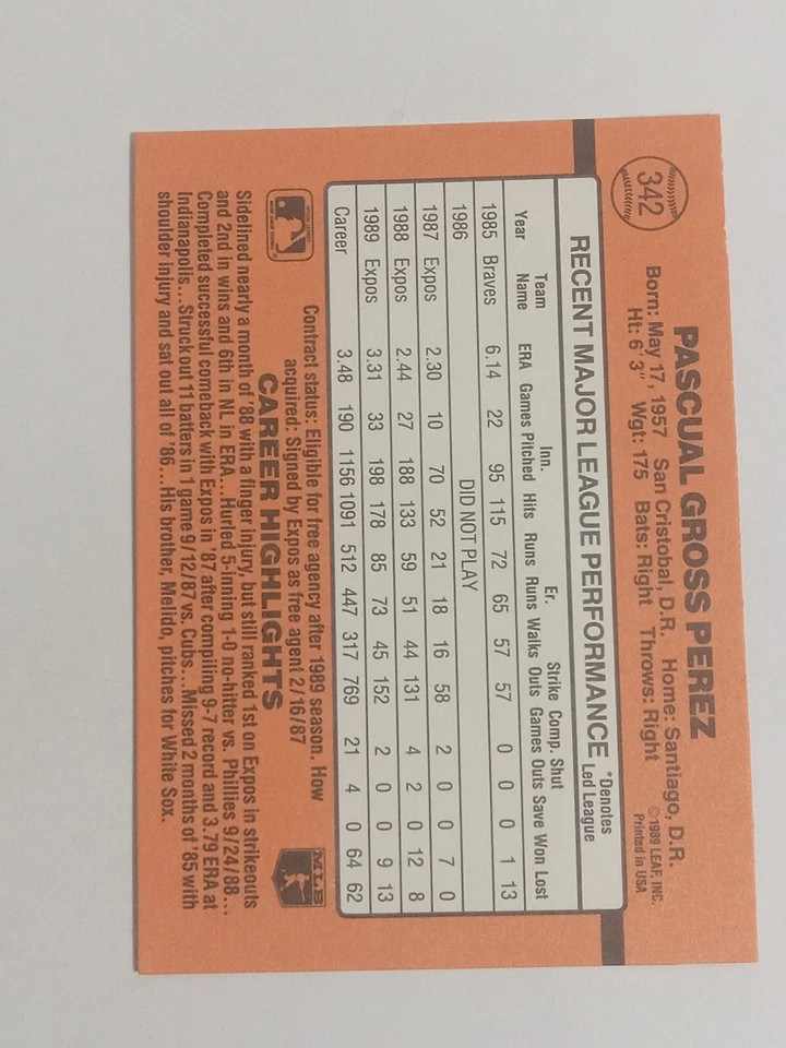 1990 Donruss Baseball Montreal Expos #342 Pascual Perez - Image 2 of 2