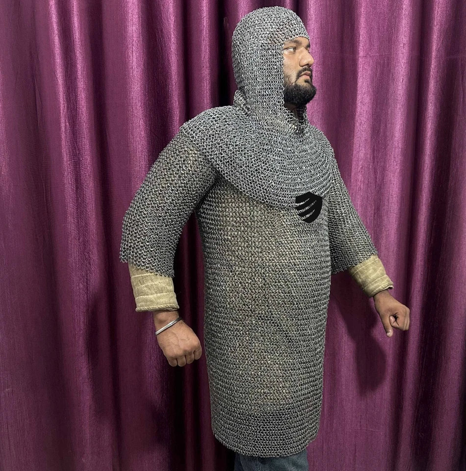 Medieval 8 mm Mild Steel Round Ring Riveted Half Sleeve Chainmail Shirt and Coif - Image 2 of 4