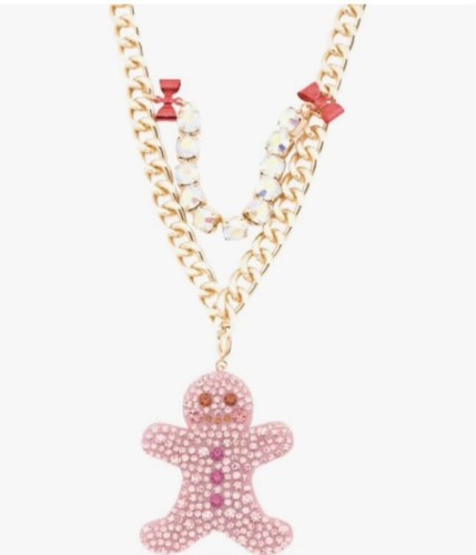 Betsey Johnson Holiday Gingerbread Gold Necklace Ornament Pink Removable Pendant