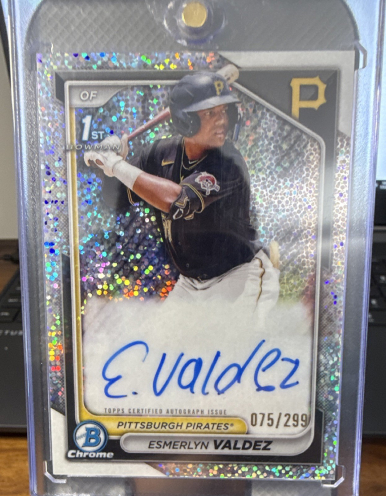 Bowman 2024 Chrome Speckle Refractor Auto #CPA-EV Esmerlyn Valdez /299 Pirates