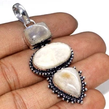 925 Silver Plated Trending Sri-Lankan Moonstone Pendant Gemstone 2.5" JW