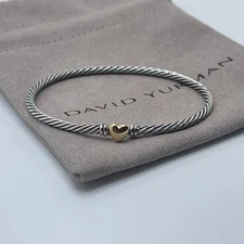 David Yurman 3mm Cable Sterling Silver 18k Yellow Gold Heart Station Bracelet