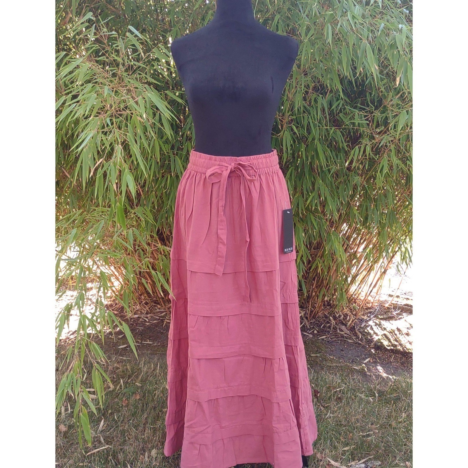 Cotton Maxi Skirt (L) - Rustic Rose Boho Tiered Elastic Waist Bow Tie Linen Feel-image