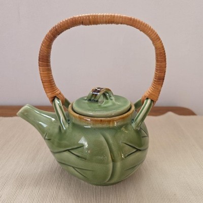 Jenggala Green Ceramic Teapot Leaf Relief Handle Indonesia Tea Pot