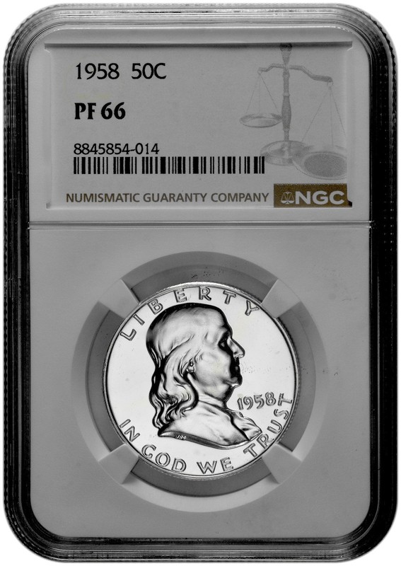 1958 50C Proof Silver Franklin Half Dollar NGC Graded PF 66 White Coin
