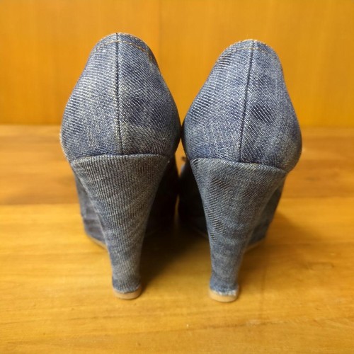 Miu Miu Blue Denim Wedge Peep-Toe Heels with Brown Leather Bows - EU 37 JAPAN - Picture 6 of 24