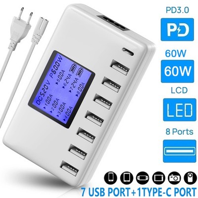 USB Schnellladestation Hub 8-Port DesktoP Multi Ladegerät Station LCD-Display DE