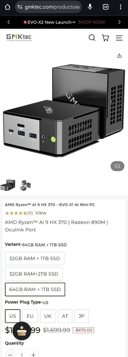 GMKtec EVO-X1 AI Mini PC AMD Ryzen AI 9 HX-370 Series 64gb+1Tb