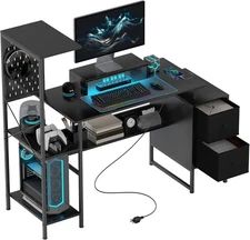 56" Computer Desk with LED Lights PC Desk with Monitor Stand Black