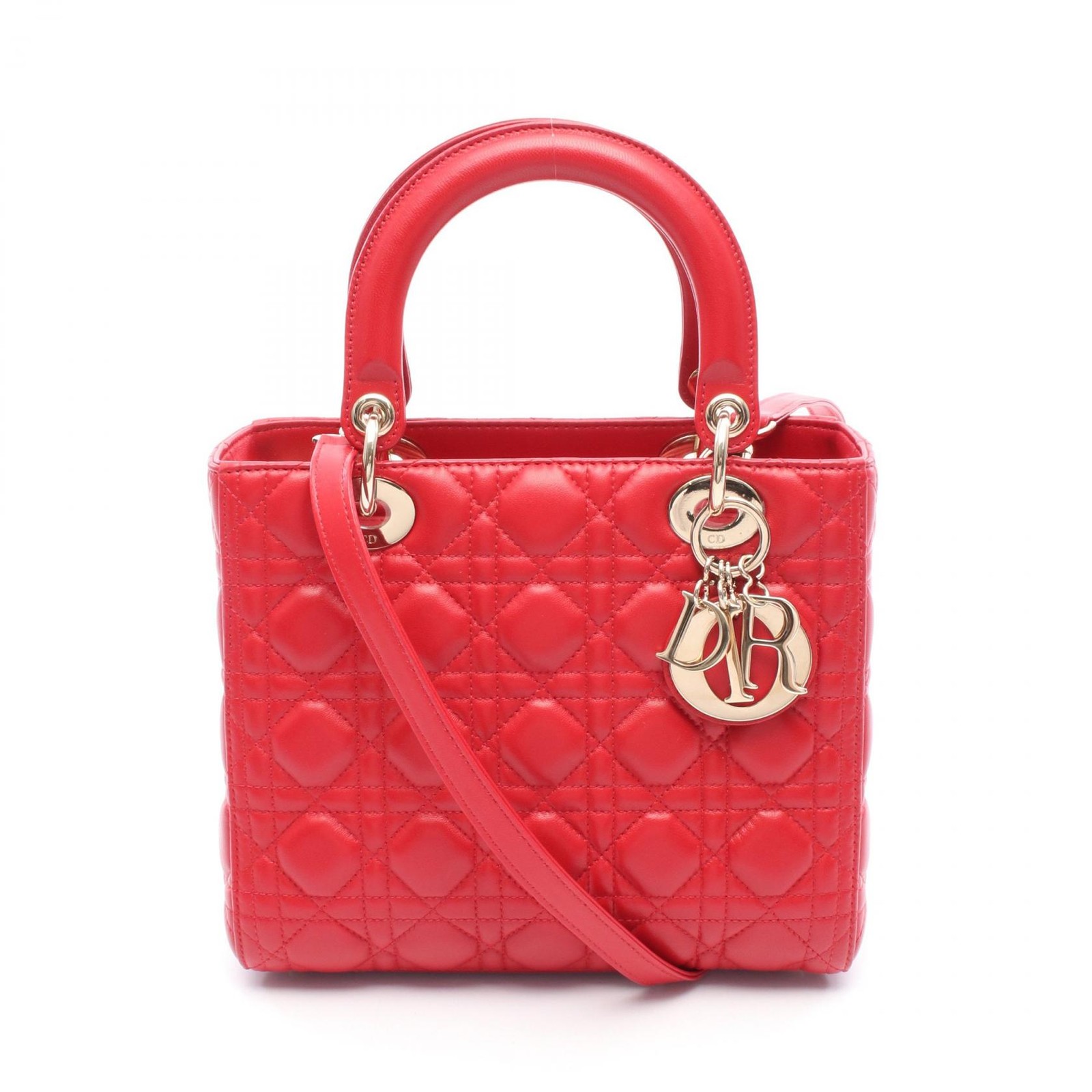 Christian Dior Lady Dior Cannage Leather Tote Bag Red Pre-Owned