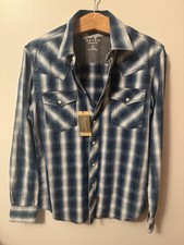 Wrangler NWT Shirt Mens Medium Blue Denim Pearl Snap Retro Premium Cowboy Rodeo