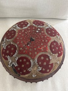 Antique Victorian Needlework Beaded Round Low Foot Stool