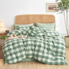 - Gingham Cotton Duvet Cover Set, Plaid Buffalo Check King Green White