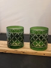 Cut Glass 14 Oz Green Lowball Glasses 1 Pair