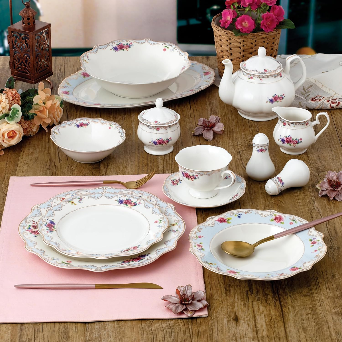 Romantic Bloom 57-Piece Bone China Dinnerware Set for 8 with