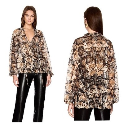 Free People Out For The Night Snakeskin Top Womens Sz L Sheer Mesh Long Sleeve