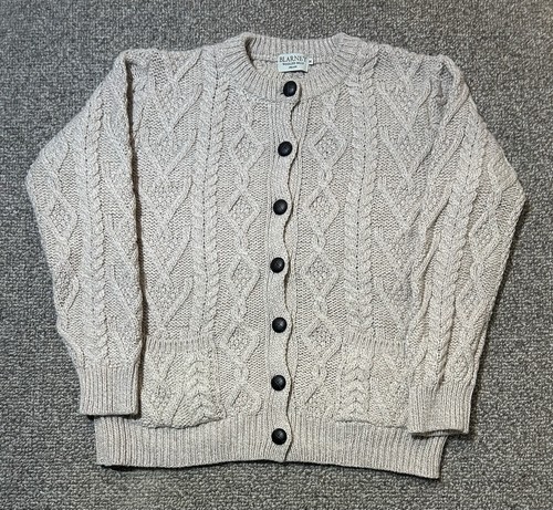 Blarney Woolen Mills Cardigan Sweater Women’s M 100% Wool Beige Fisherman Cable