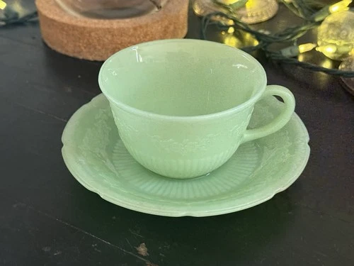One Vintage Jadeite Cup & Saucer Alice Pattern Unmarked Fire King Green Glass