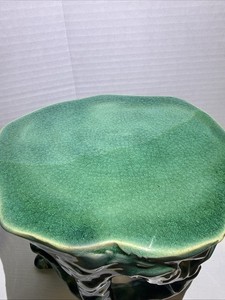 Vintage Faux Bois Ceramic Garden Stool – Green Crackle Glaze Root Motif