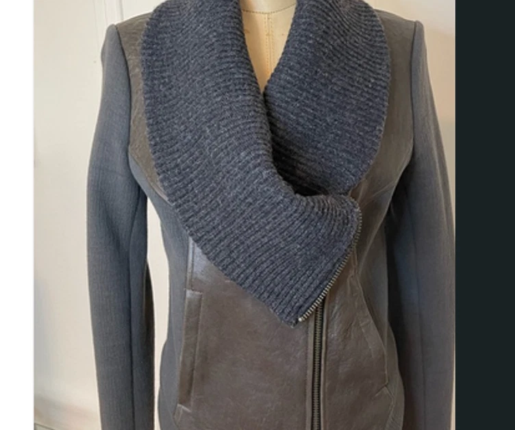 Chaqueta de cuero HELMUT LANG con cuello tejido, mangas de mezcla de algodón, ajustada, gris S Foto 2 de 4
