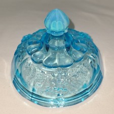 Candy Dish Bowl LID Blue Glass Opalescent Gra...