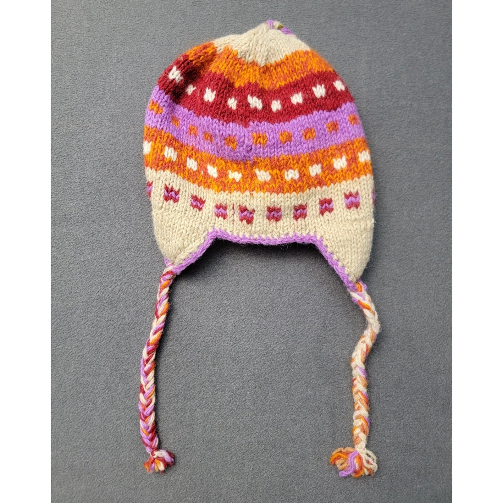Made In Nepal 100% Wool Fair Isle Knit Winter Hat Fleece-Lined Ear Flap R1