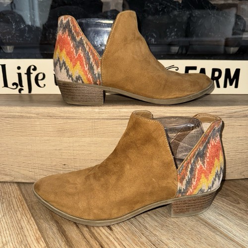 Indigo Rd Brown Suede Ankle Booties Western Aztec Woven Back Boho Festival 7.5