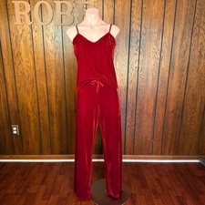 PajamaGram Pajama Set Womens Medium Red Velvet 2pc Cami Wide Leg Pants Cozy