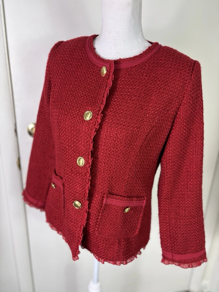 Blazer Joan Rivers Y2K Mujer Talla 6 Rojo Tweed Mezcla Lana Botones Dorados Bolsillos Encaje Foto 3 de 4