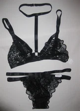 Shein strappy sheer lace bralette w/choker & cheeky panties set S black nip