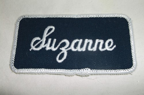 SUZANNE USED EMBROIDERED VINTAGE SEW ON NAME PATCH TAGS WHITE ON DARK BLUE
