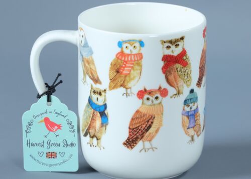 HARVEST GREEN STUDIO WINTER GEAR OWLS Bone China X LARGE DEVON Mug - Picture 3 of 3